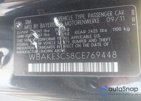 2012 BMW 328I z USA, uszkodzony, nr VIN WBAKE3C58CE769448